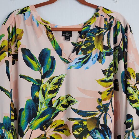 Worthington split neck roll tab sleeve popover tunic top sz 4X pink green leaves - Picture 2 of 7
